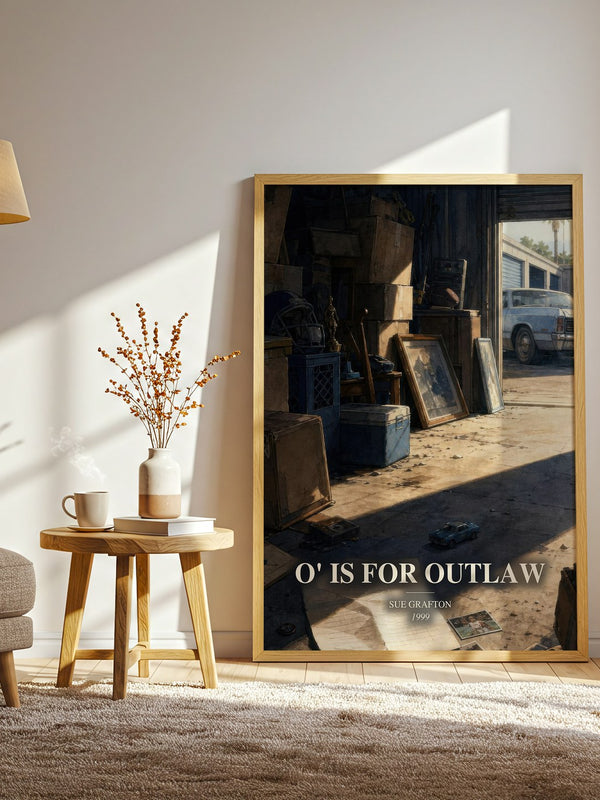 O' Is for Outlaw watercolour print in frame leaning in hallway – mystery wall art