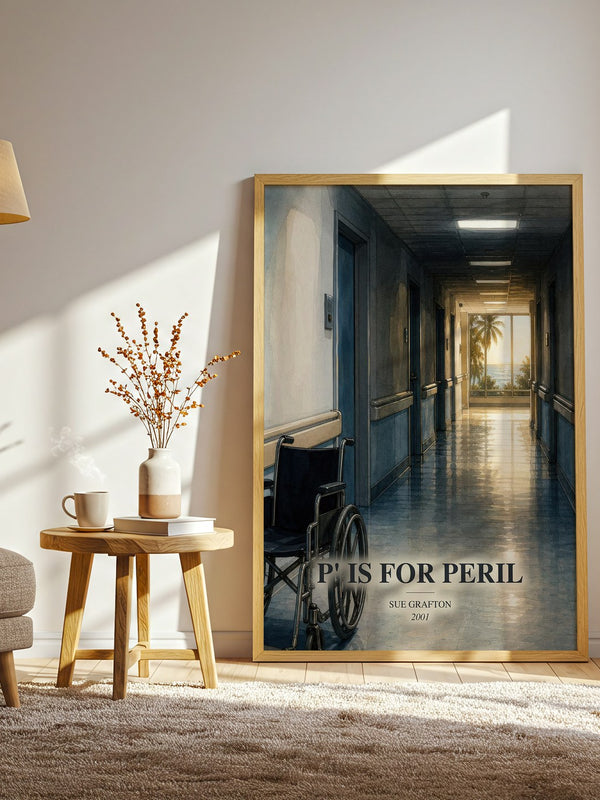 P' Is for Peril watercolour print in frame leaning in hallway – mystery wall art