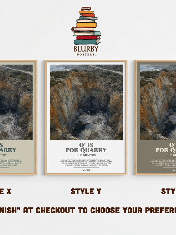 Q' Is for Quarry bookish print in frame leaning in hallway – mystery wall art