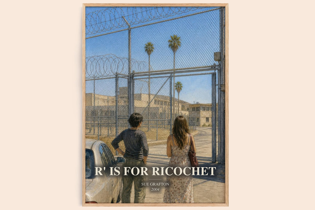 R' Is for Ricochet watercolour book poster by Sue Grafton – framed literary art print