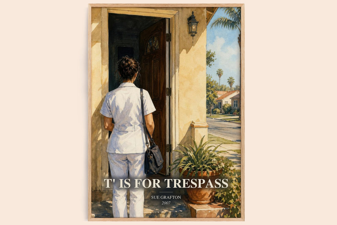 T' Is for Trespass watercolour book poster by Sue Grafton – framed literary art print