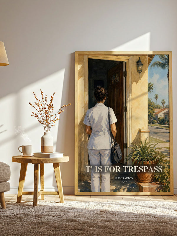 T' Is for Trespass watercolour print in frame leaning in hallway – mystery wall art