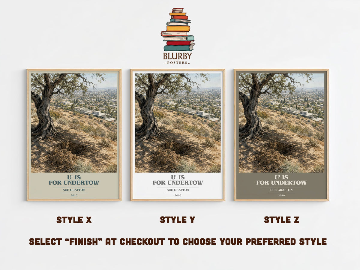 U' Is for Undertow book cover print in frame leaning in hallway – mystery wall art (mockup)
