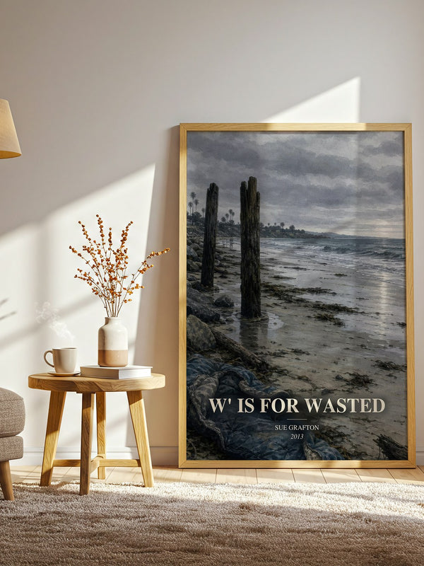 W' Is for Wasted watercolour print in frame leaning in hallway – mystery wall art