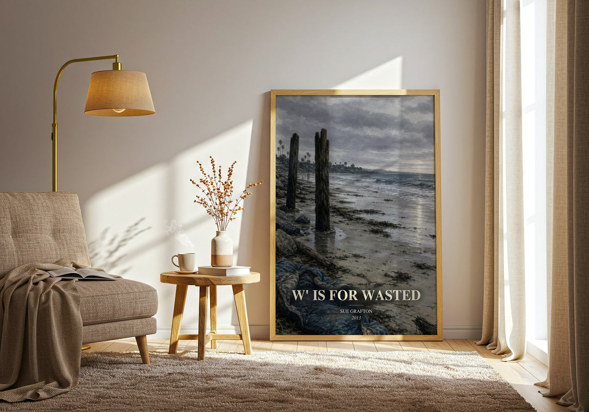 W' Is for Wasted watercolour print in frame leaning in hallway – mystery wall art (mockup)