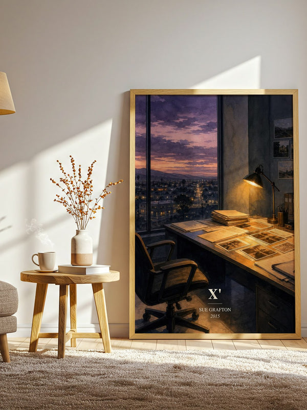X' watercolour print in frame leaning in hallway – mystery wall art