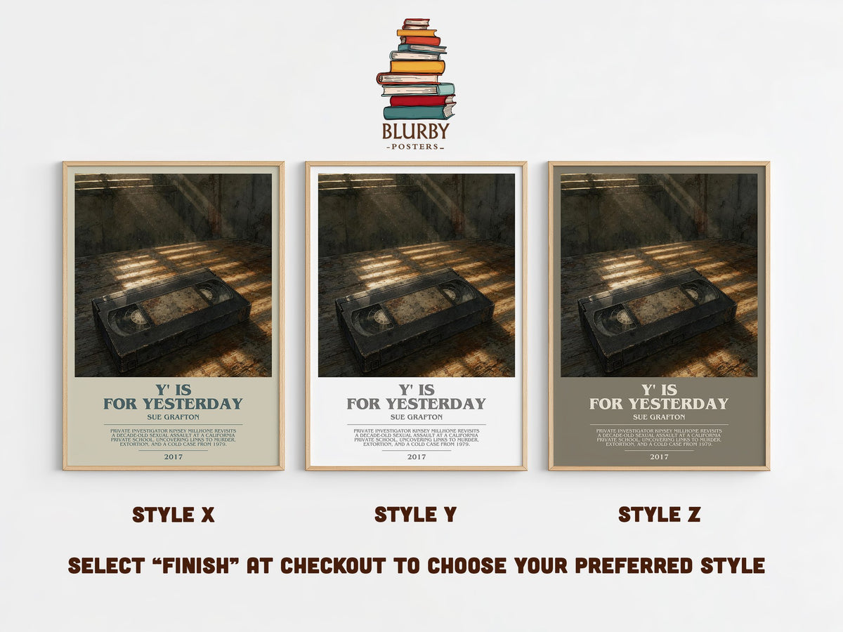 Y' Is for Yesterday bookish print in frame leaning in hallway – mystery wall art (mockup)