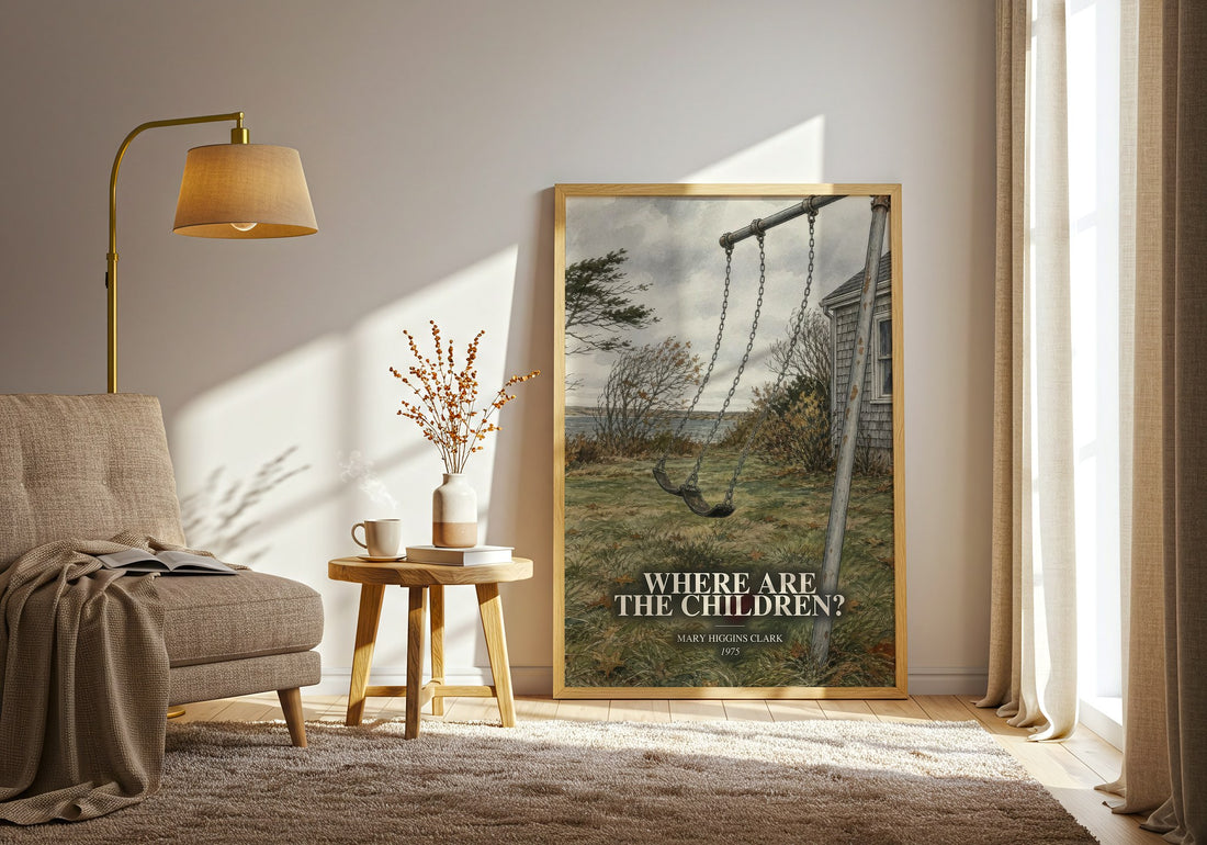 Where Are the Children? watercolour print in frame leaning in hallway – thriller wall art (mockup)