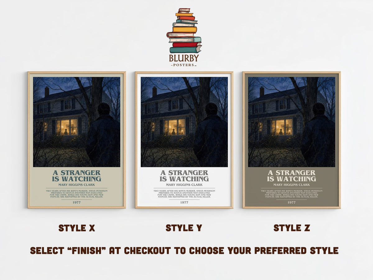 A Stranger Is Watching bookish print in frame leaning in hallway – thriller wall art (mockup)