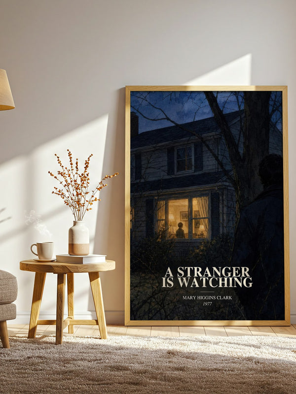 A Stranger Is Watching watercolour print in frame leaning in hallway – thriller wall art