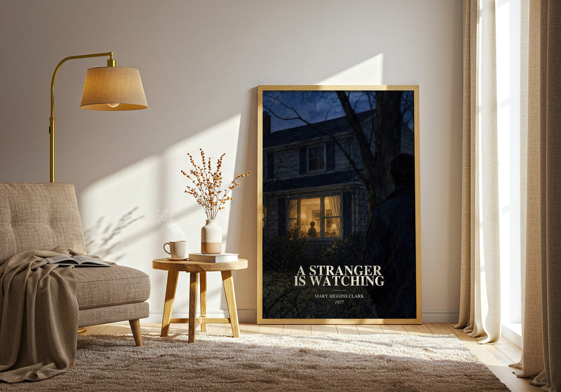 A Stranger Is Watching watercolour print in frame leaning in hallway – thriller wall art (mockup)