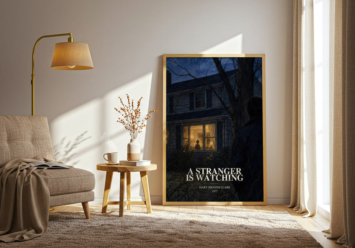 A Stranger Is Watching watercolour print in frame leaning in hallway – thriller wall art (mockup)
