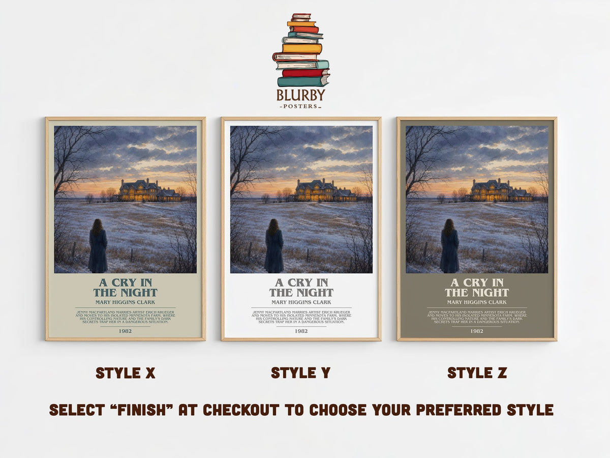 A Cry in the Night bookish print in frame leaning in hallway – thriller wall art (mockup)