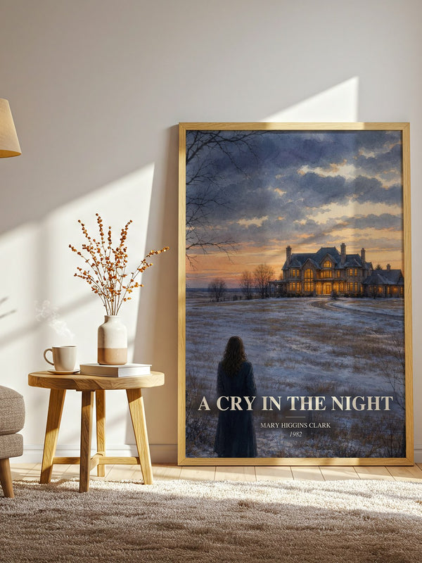A Cry in the Night watercolour print in frame leaning in hallway – thriller wall art