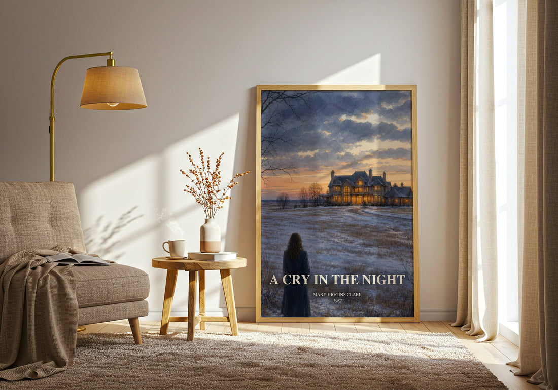 A Cry in the Night watercolour print in frame leaning in hallway – thriller wall art (mockup)