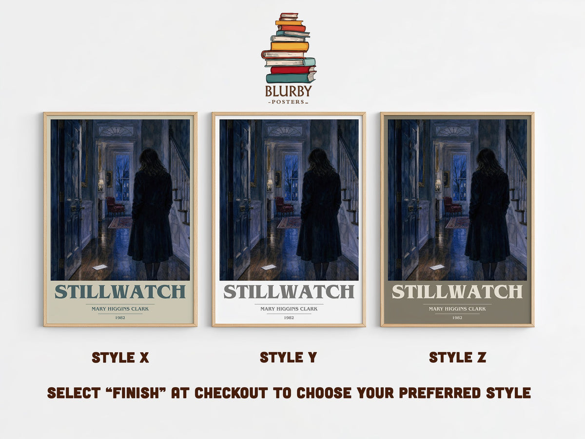 Stillwatch book cover print in frame leaning in hallway – thriller wall art (mockup)