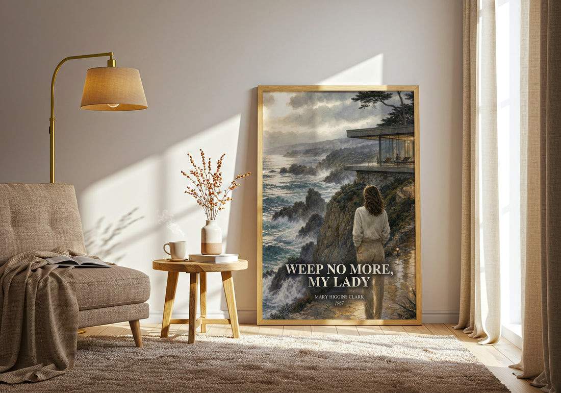 Weep No More, My Lady watercolour print in frame leaning in hallway – mystery wall art (mockup)