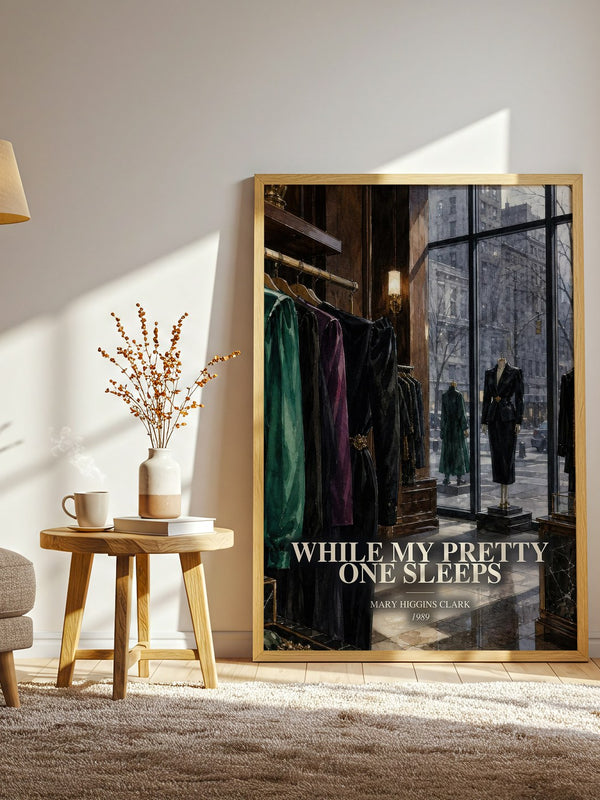 While My Pretty One Sleeps watercolour print in frame leaning in hallway – mystery wall art