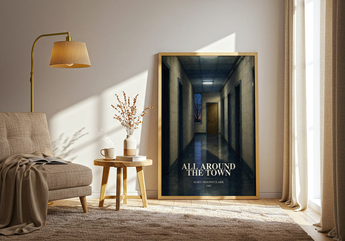 All Around the Town watercolour print in frame leaning in hallway – thriller wall art (mockup)