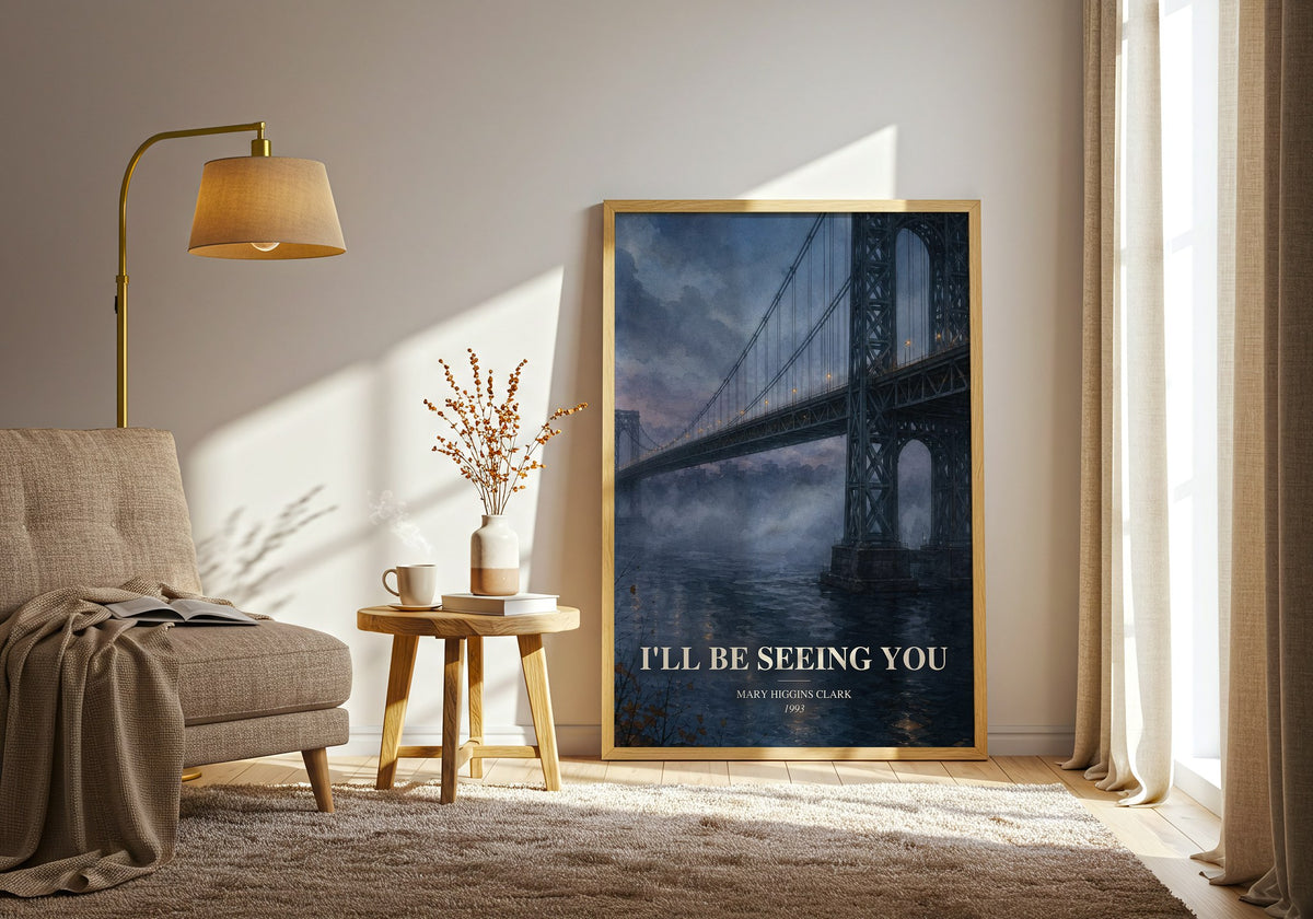 I'll Be Seeing You watercolour print in frame leaning in hallway – thriller wall art (mockup)