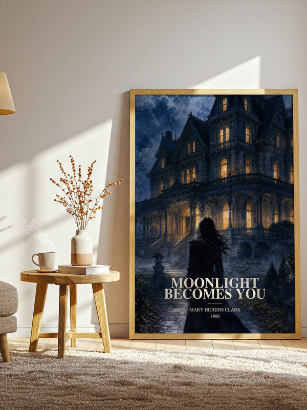 Moonlight Becomes You watercolour print in frame leaning in hallway – mystery wall art