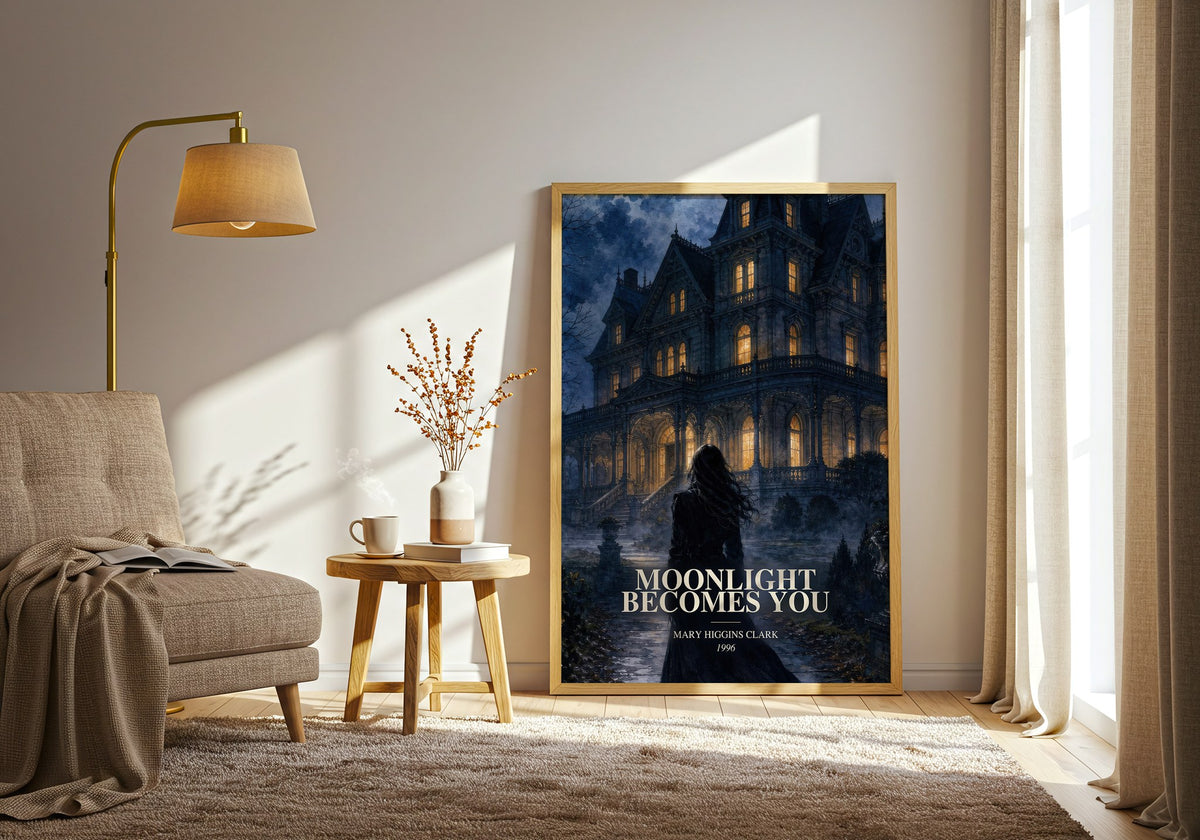 Moonlight Becomes You watercolour print in frame leaning in hallway – mystery wall art (mockup)