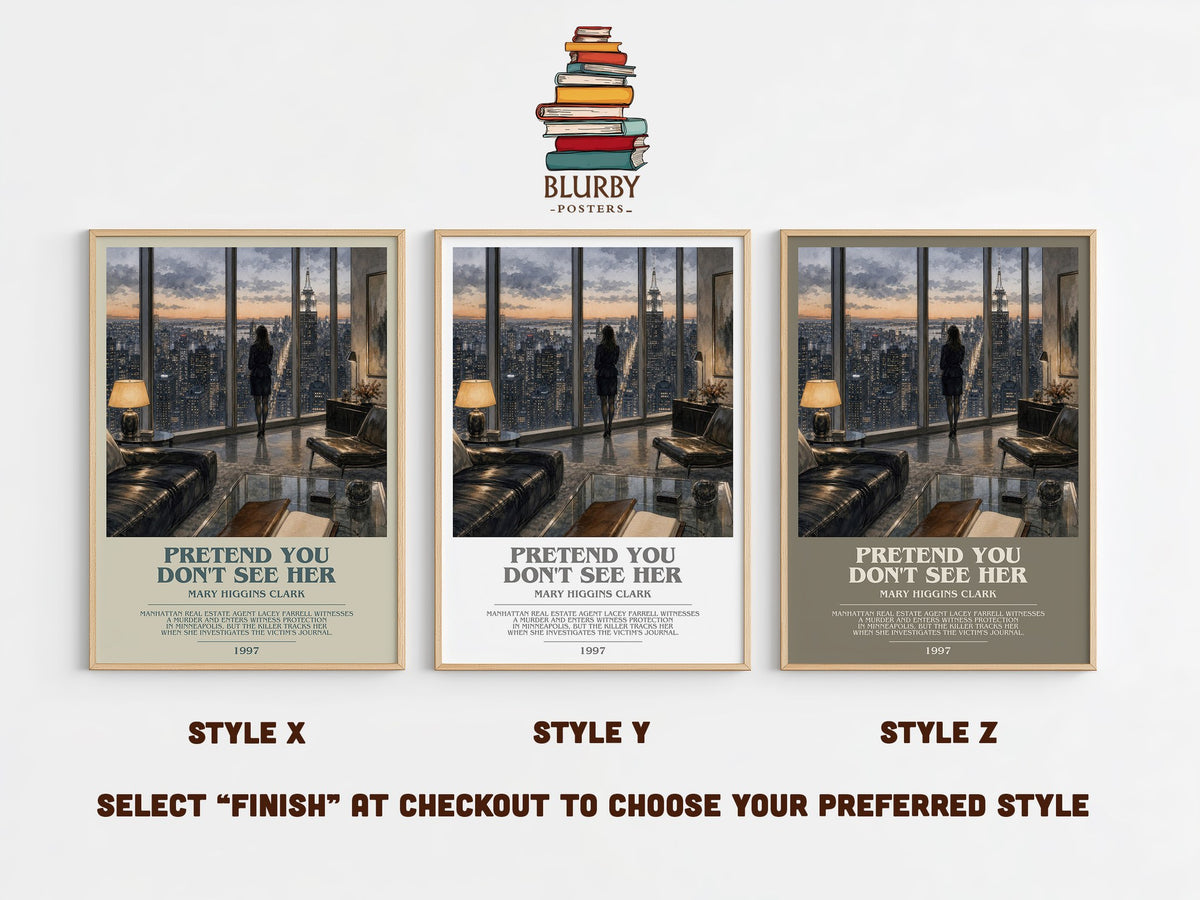 Pretend You Don't See Her bookish print in frame leaning in hallway – thriller wall art (mockup)