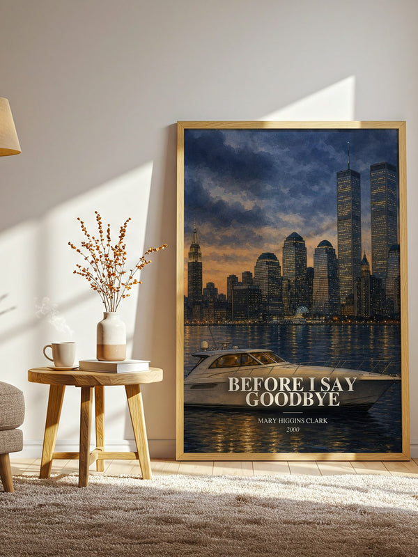 Before I Say Goodbye watercolour print in frame leaning in hallway – mystery wall art