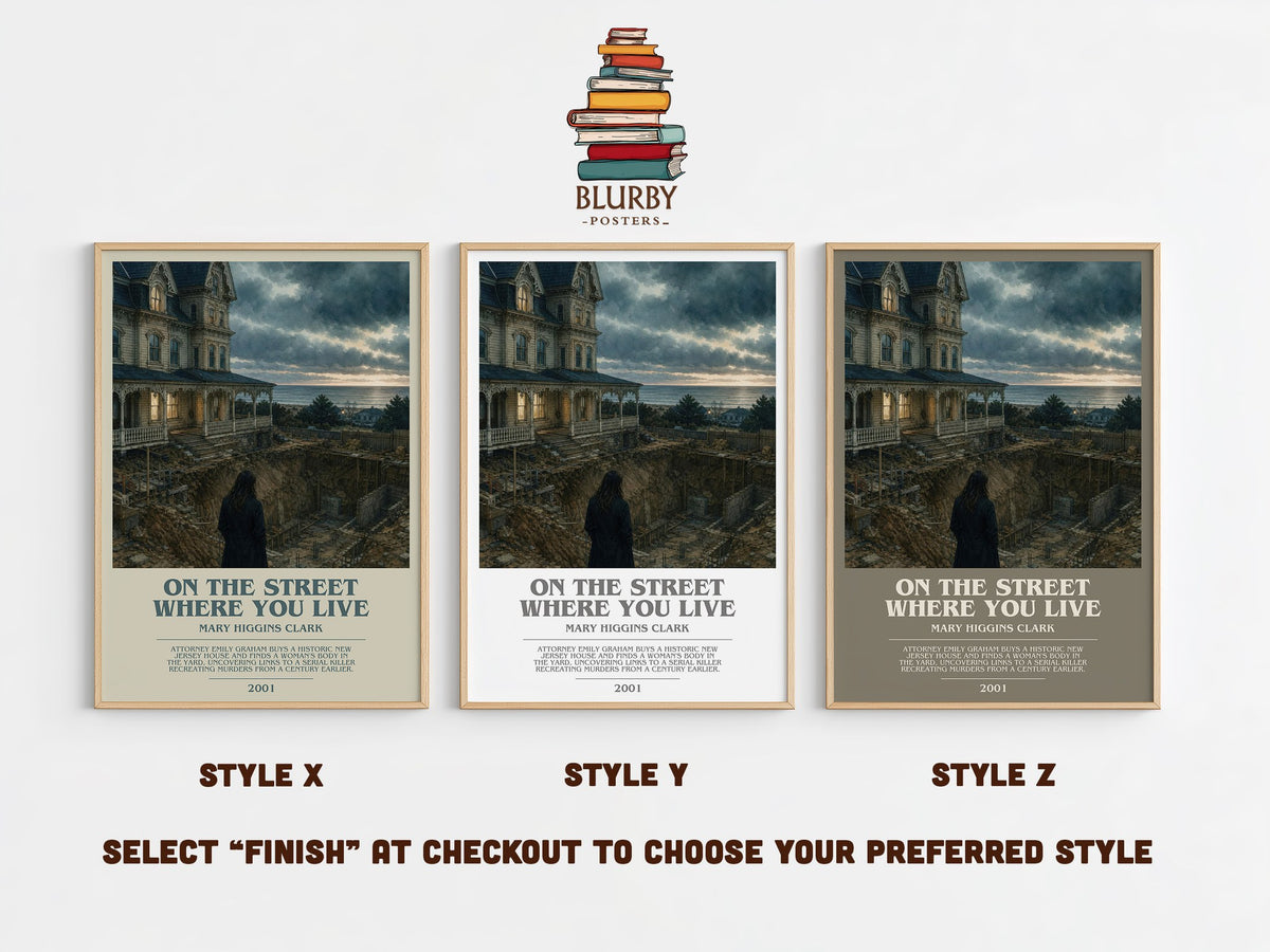 On the Street Where You Live bookish print in frame leaning in hallway – thriller wall art (mockup)