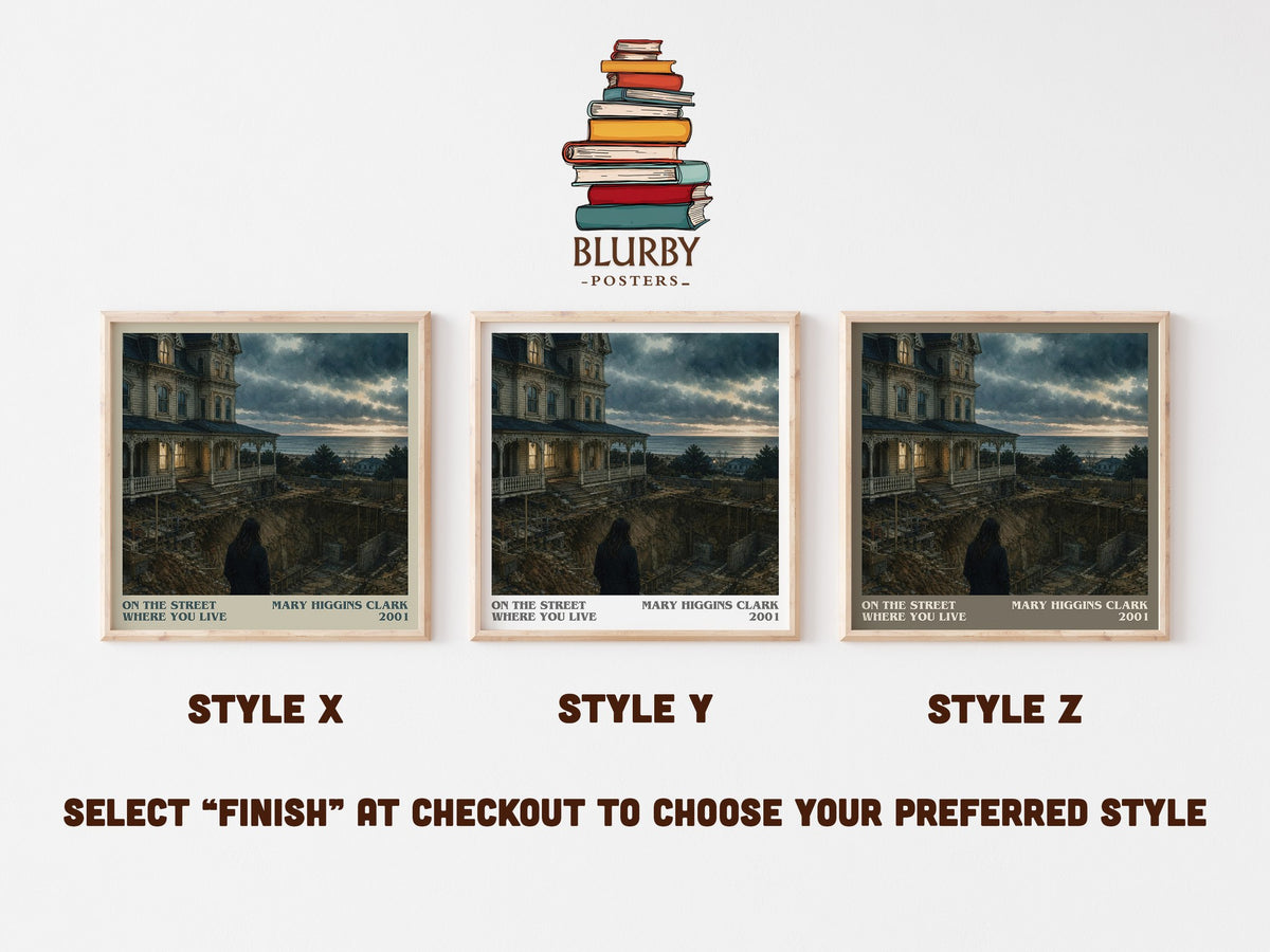 On the Street Where You Live literary print in frame leaning in hallway – thriller wall art (mockup)