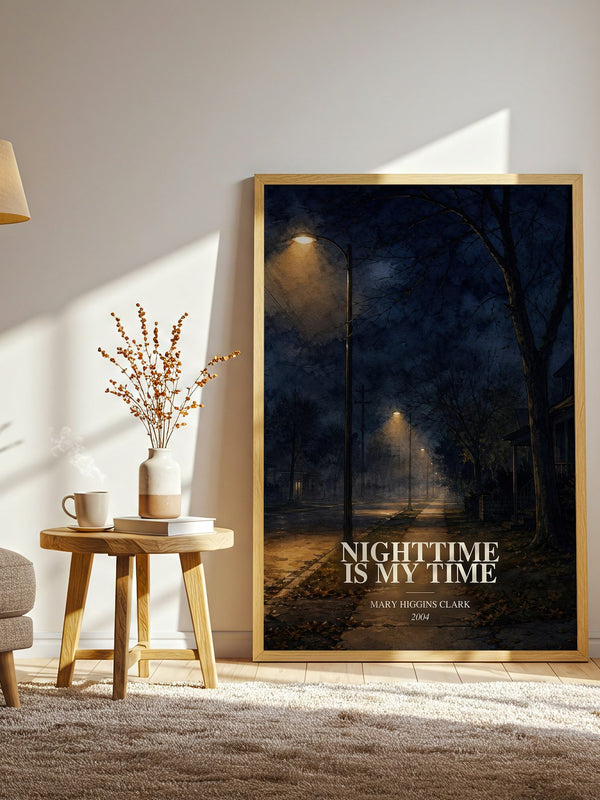 Nighttime Is My Time watercolour print in frame leaning in hallway – thriller wall art