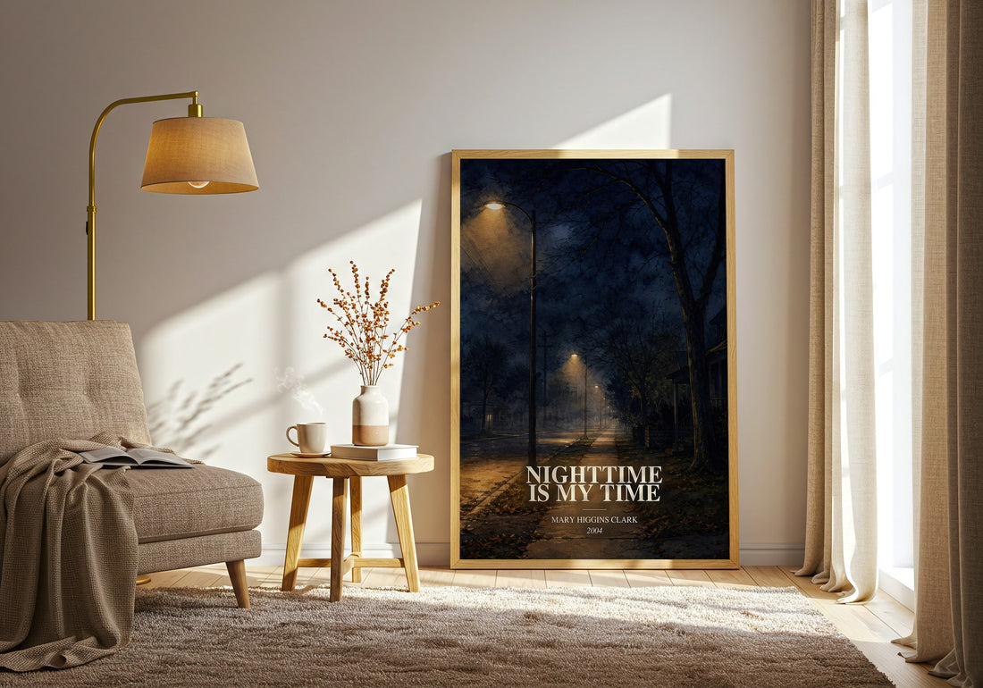 Nighttime Is My Time watercolour print in frame leaning in hallway – thriller wall art (mockup)