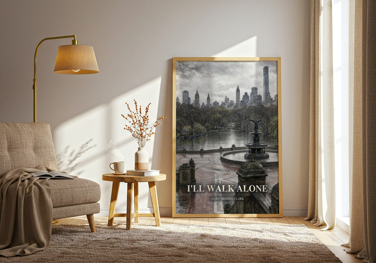 I'll Walk Alone watercolour print in frame leaning in hallway – thriller wall art (mockup)