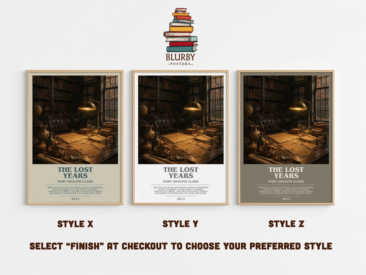 The Lost Years bookish print in frame leaning in hallway – mystery wall art (mockup)