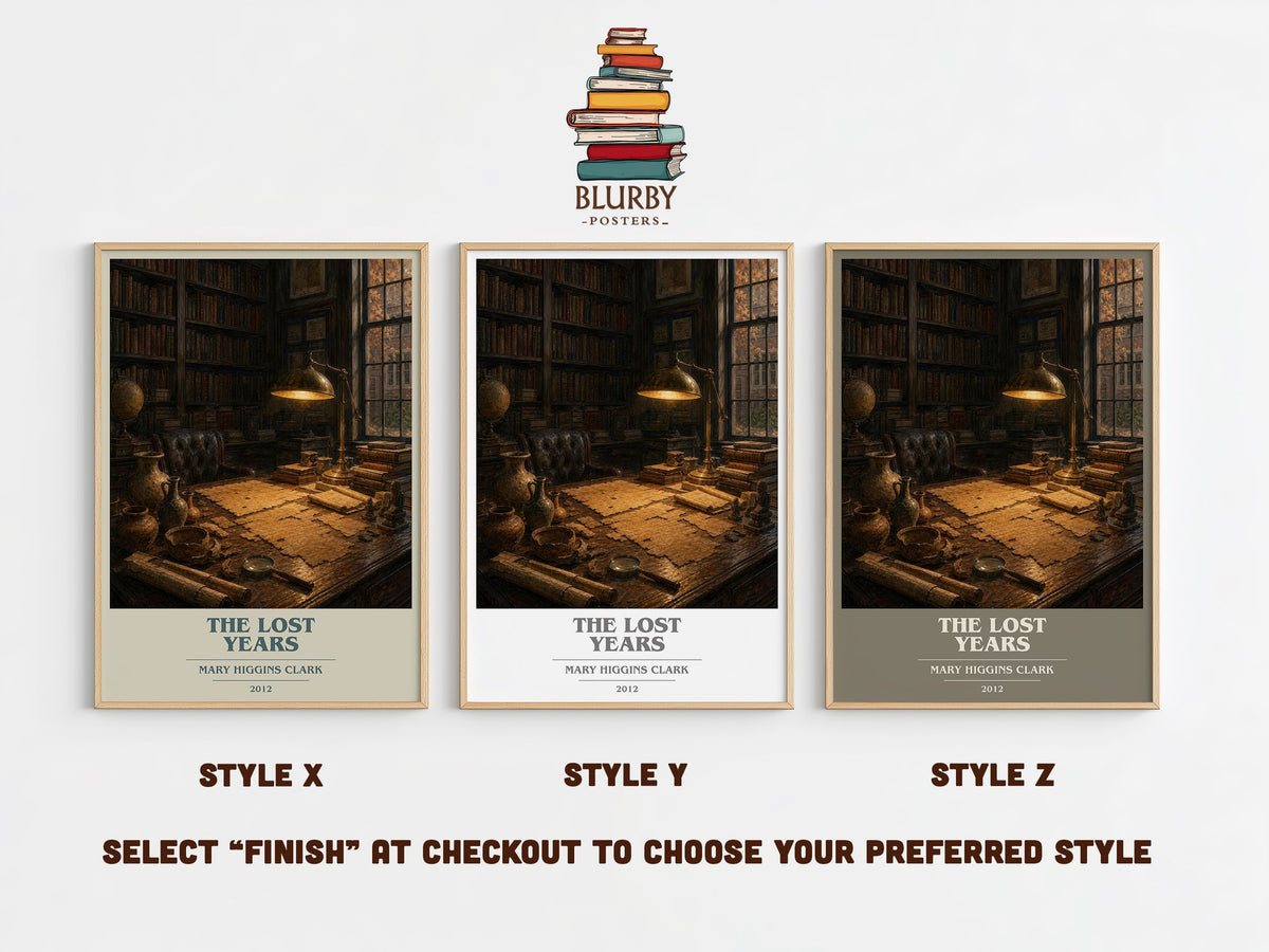 The Lost Years book cover print in frame leaning in hallway – mystery wall art (mockup)