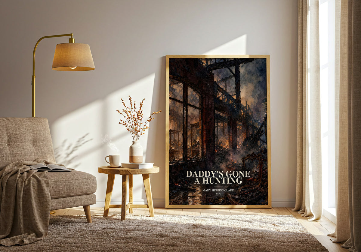 Daddy's Gone A Hunting watercolour print in frame leaning in hallway – thriller wall art (mockup)