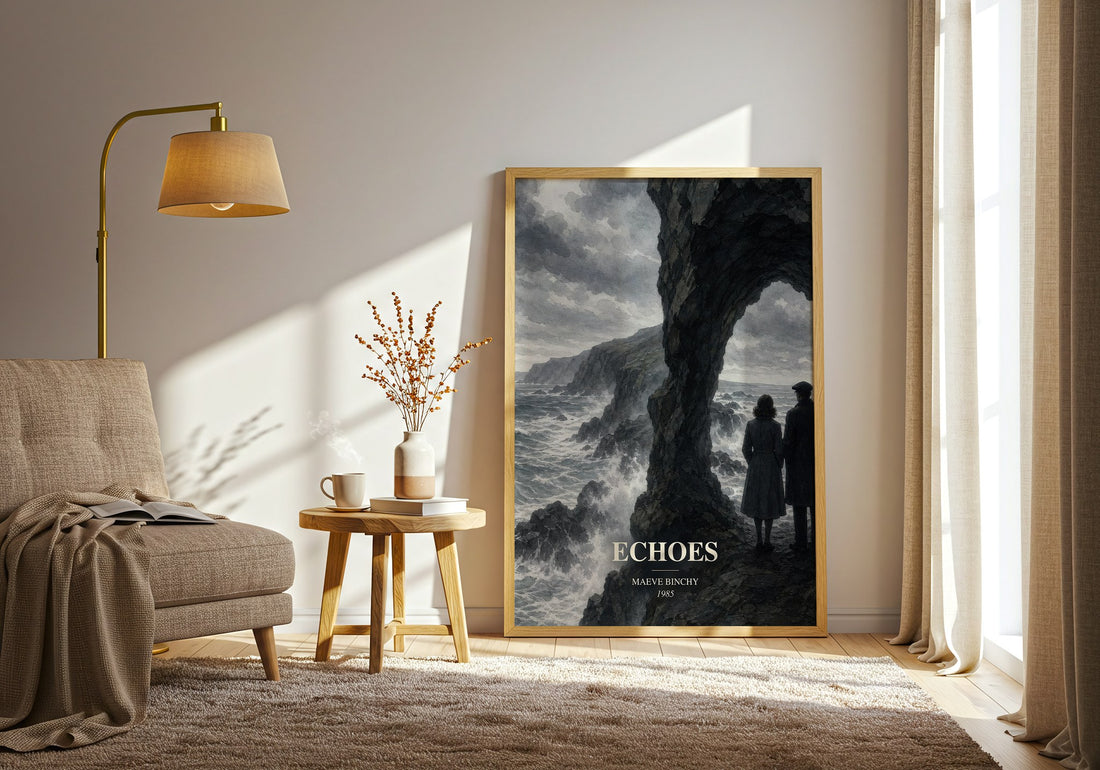 Echoes watercolour print in frame leaning in hallway – contemporary fiction wall art (mockup)