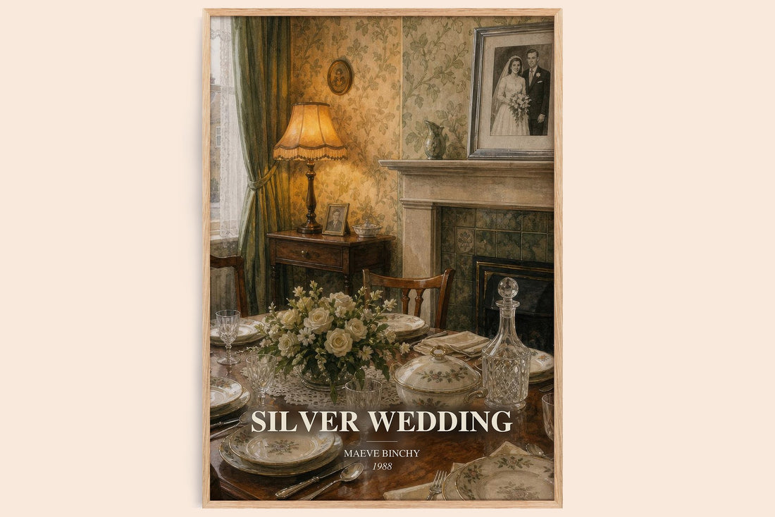 Silver Wedding watercolour book poster by Maeve Binchy – framed literary art print