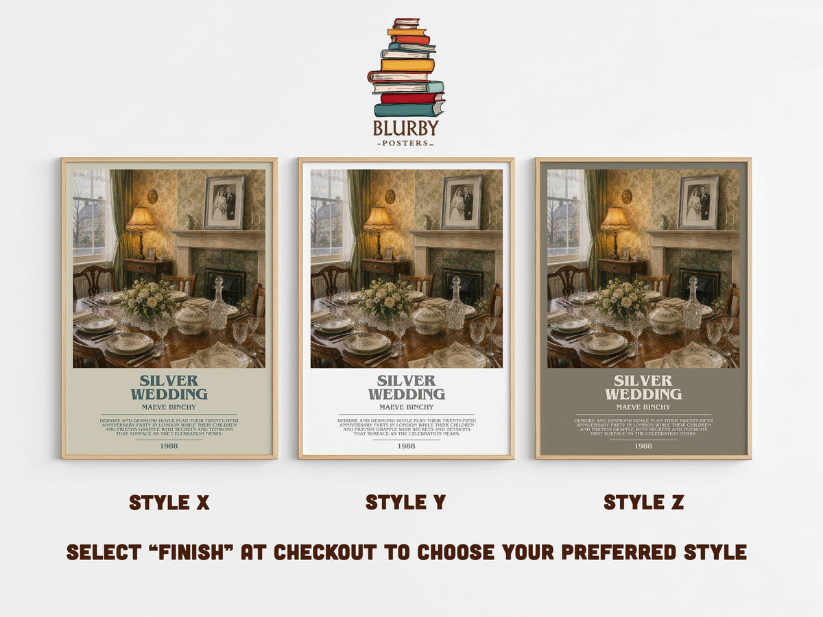Silver Wedding bookish print in frame leaning in hallway – contemporary fiction wall art (mockup)