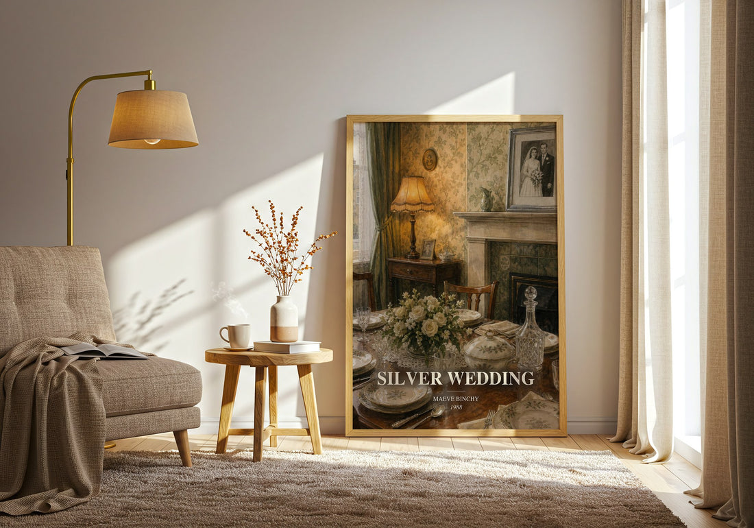 Silver Wedding watercolour print in frame leaning in hallway – contemporary fiction wall art (mockup)
