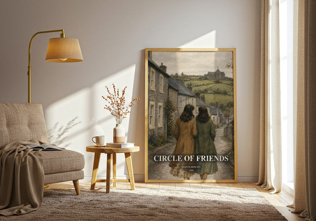 Circle of Friends watercolour print in frame leaning in hallway – contemporary fiction wall art (mockup)