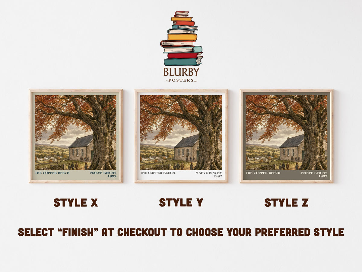 The Copper Beech literary print in frame leaning in hallway – literary fiction wall art (mockup)