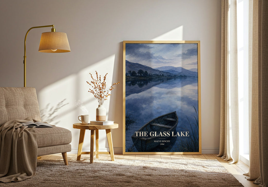 The Glass Lake watercolour print in frame leaning in hallway – literary fiction wall art (mockup)