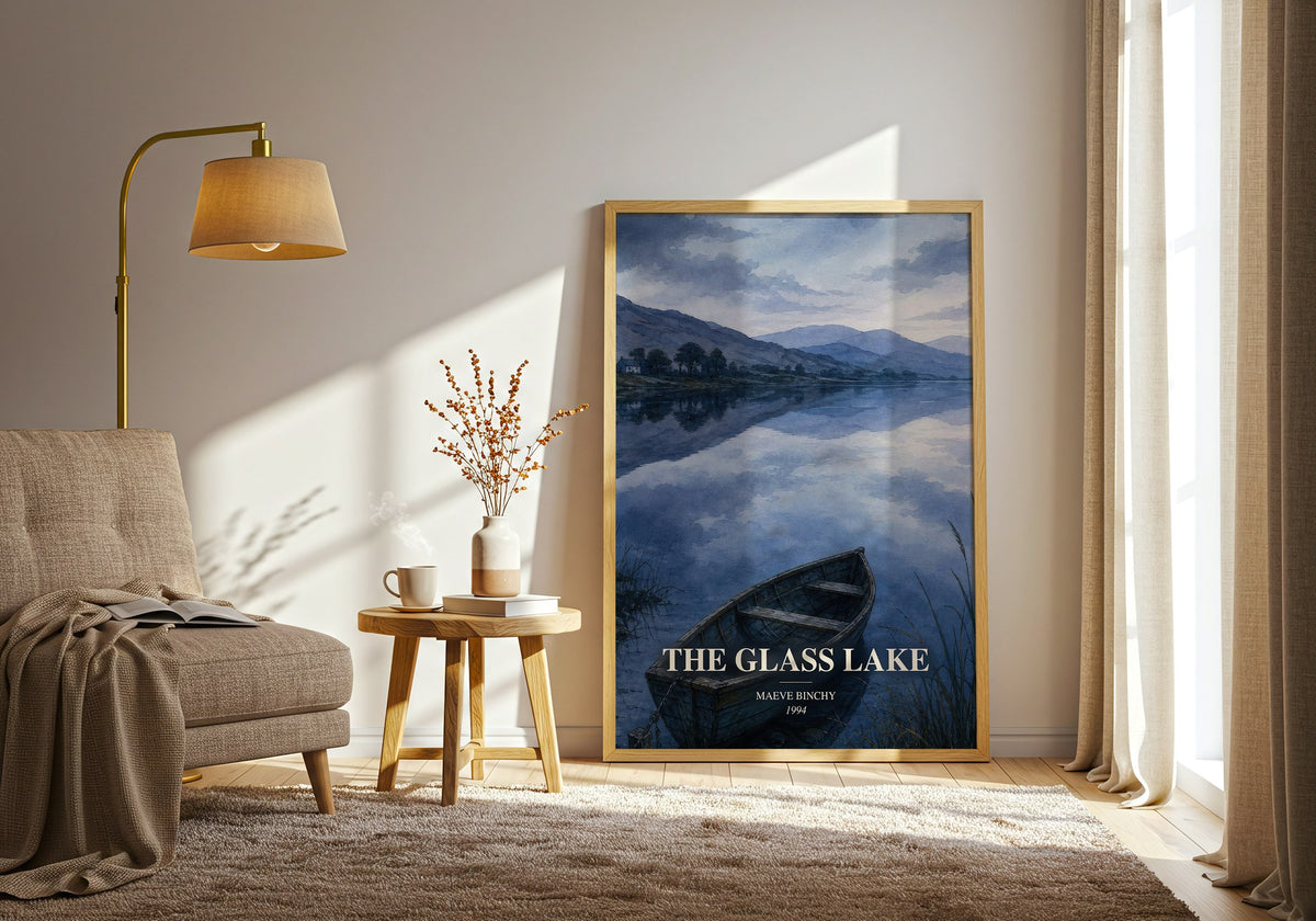 The Glass Lake watercolour print in frame leaning in hallway – literary fiction wall art (mockup)