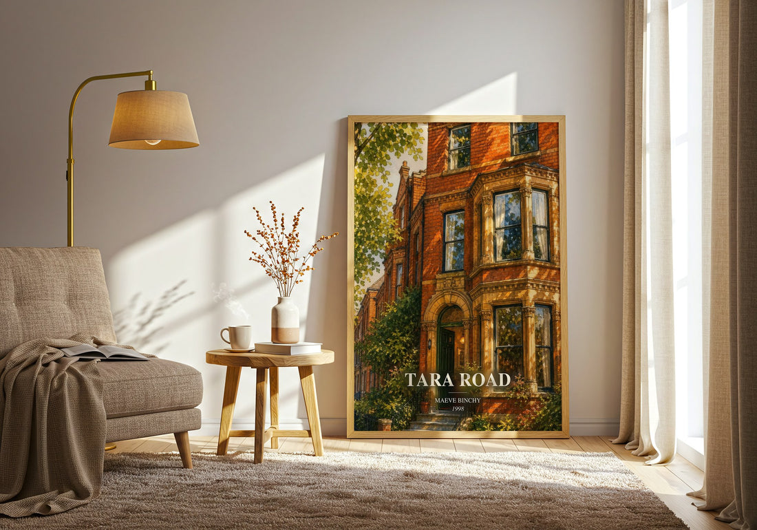 Tara Road watercolour print in frame leaning in hallway – contemporary fiction wall art (mockup)