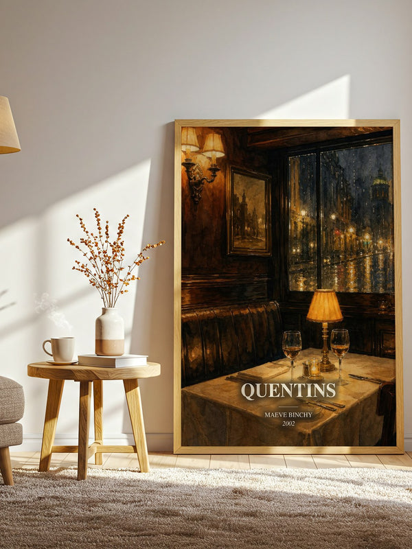 Quentins watercolour print in frame leaning in hallway – contemporary fiction wall art