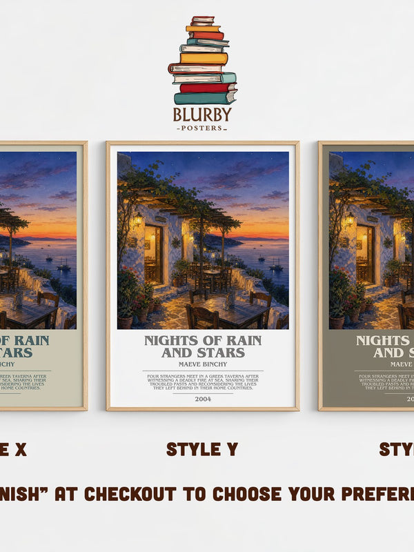 Nights of Rain and Stars bookish print in frame leaning in hallway – contemporary fiction wall art