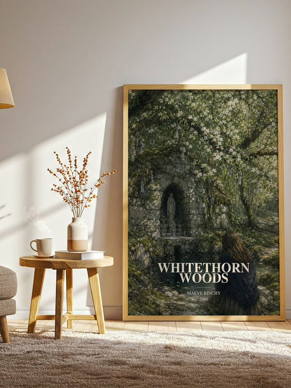 Whitethorn Woods watercolour print in frame leaning in hallway – contemporary fiction wall art