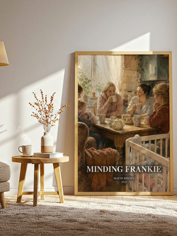 Minding Frankie watercolour print in frame leaning in hallway – contemporary fiction wall art
