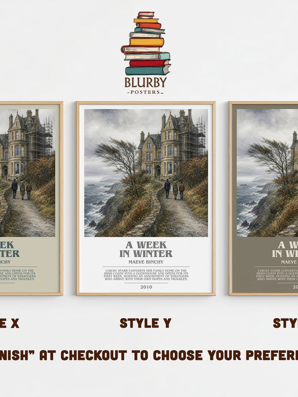 A Week in Winter bookish print in frame leaning in hallway – contemporary fiction wall art